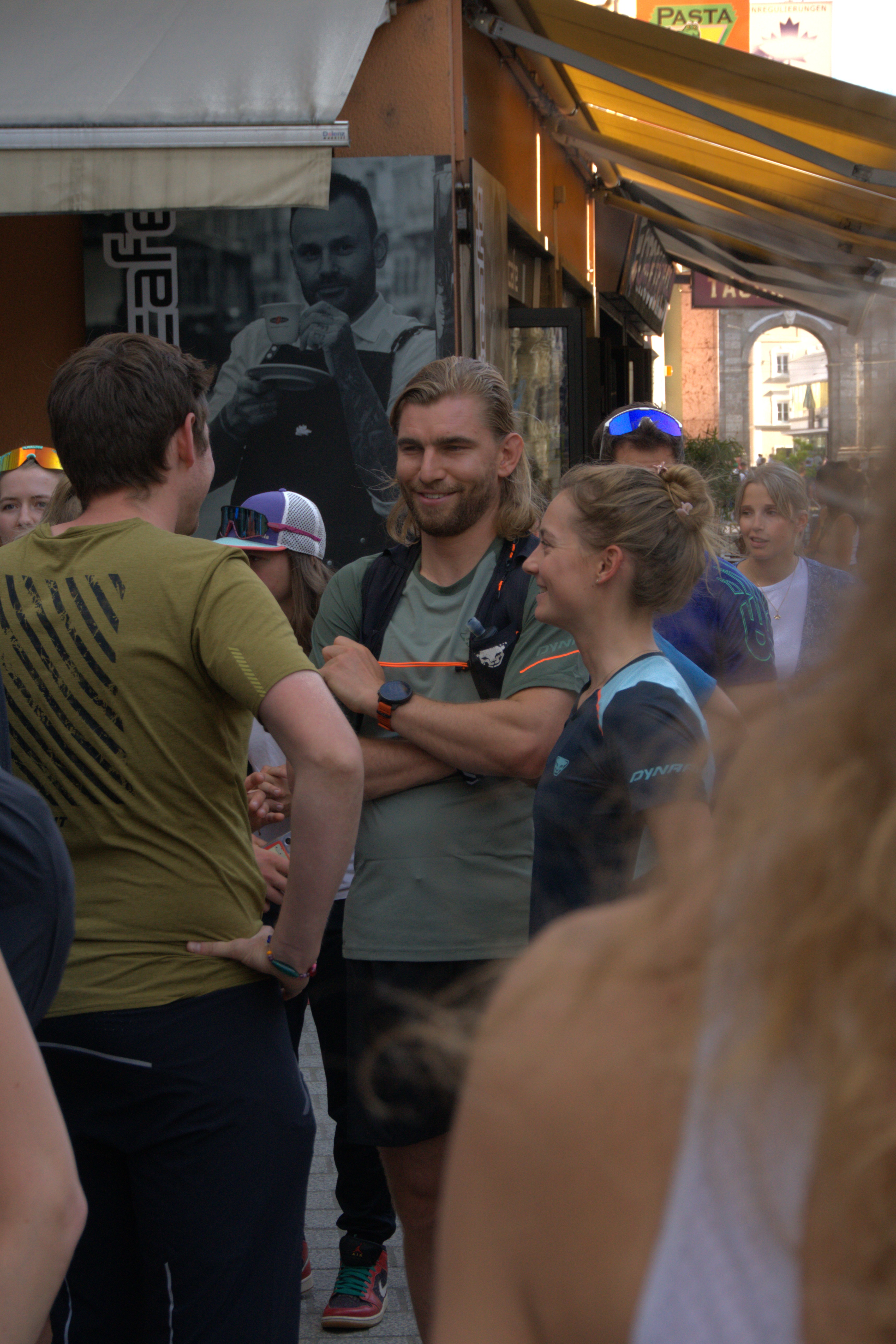 Runners connecting with each other and laughing